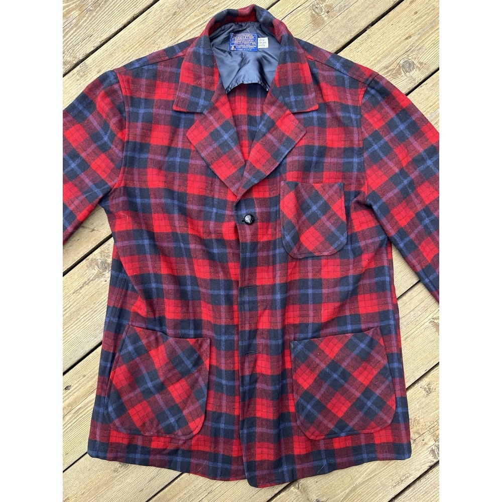 Vintage Pendleton Wool Plaid Jacket Red Black Tartan Large USA 60s 70s